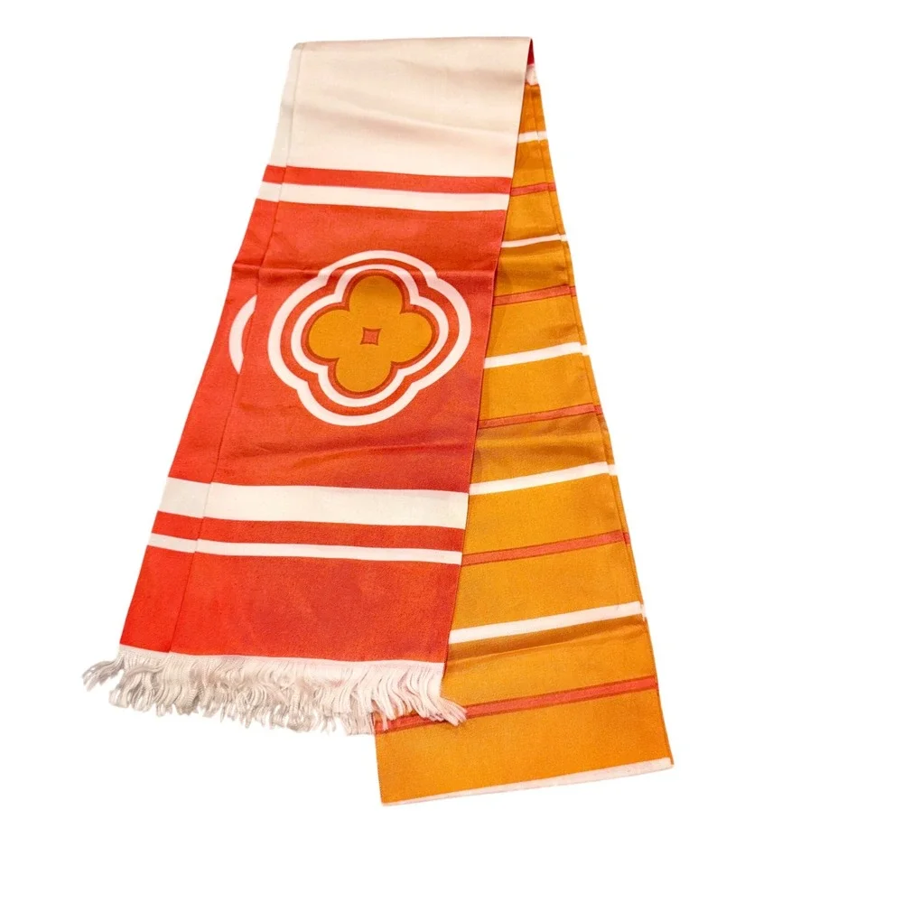 Vintage Japanese Obi Orange‎ Stripe Acetate Scarf with Floral Medallion 70x5.5